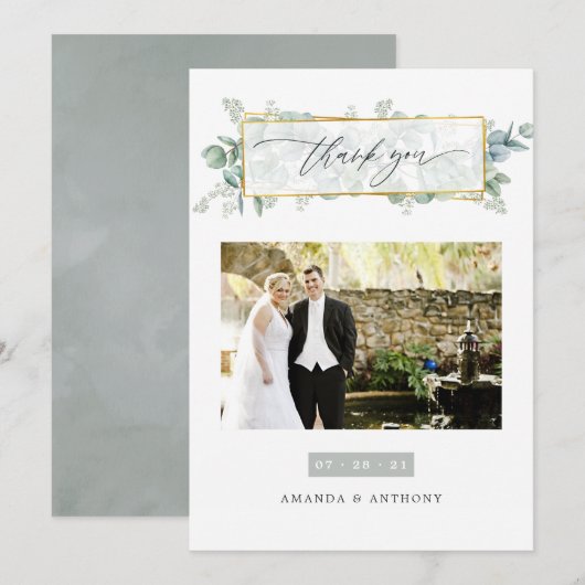 Silver Sage Eucalyptus Geometric Weddenfoto Bedankkaart (Voorkant / Achterkant)