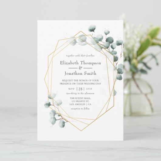 Silver Sage Eucalyptus Geometric Wedding Kaart (Staand voorkant)