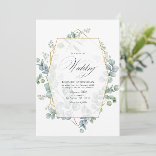 Silver Sage Eucalyptus Geometric Wedding Kaart (Staand voorkant)