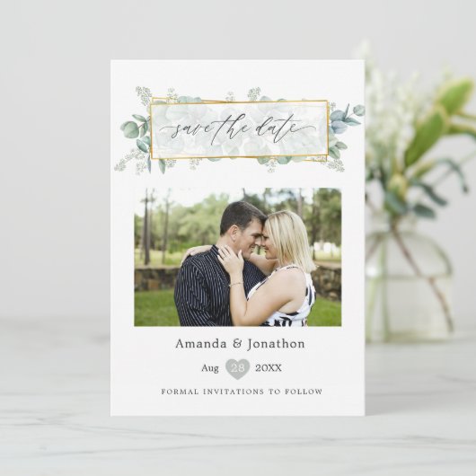 Silver Sage Eucalyptus Geometric Wedding Save The Date (Staand voorkant)