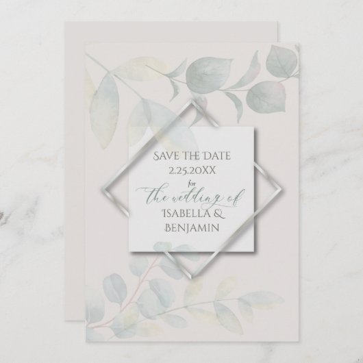 Silver Sage Eucalyptus Save the Date 2 Kaart (Voorkant / Achterkant)