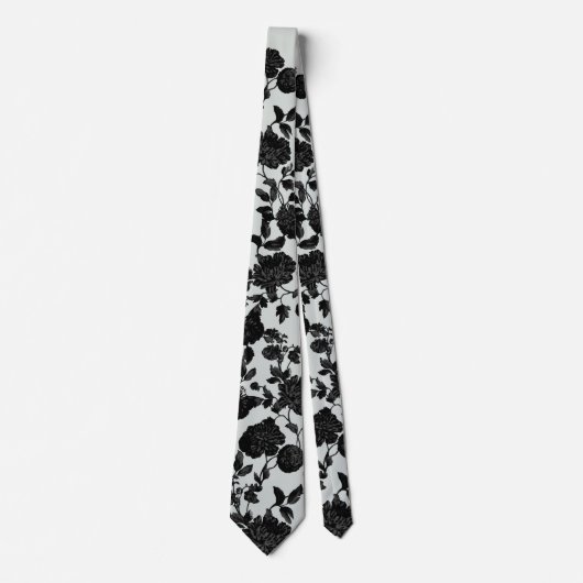 Silver Sage Green & Black Floral Wedding Stropdas (Voorkant)