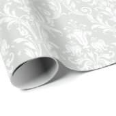 Silver Sage Green White Damask Elegant Wedding Cadeaupapier (Rol Hoek)