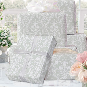 Silver Sage Green White Damask Elegant Wedding Cadeaupapier