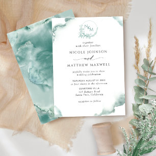 Silver Sage Waterverf, Elegant Monogram Bruiloft Kaart