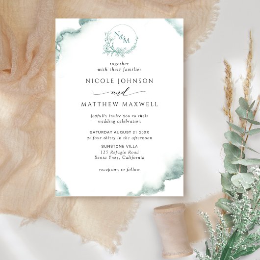 Silver Sage Waterverf, Elegant Monogram Bruiloft Kaart