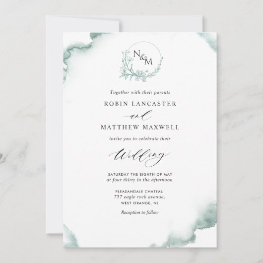 Silver Sage Waterverf, Elegant Monogram Wedding I Kaart (Voorkant)