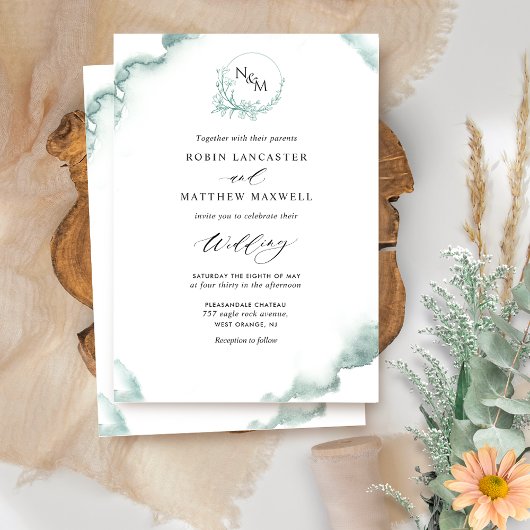 Silver Sage Waterverf, Elegant Monogram Wedding I Kaart