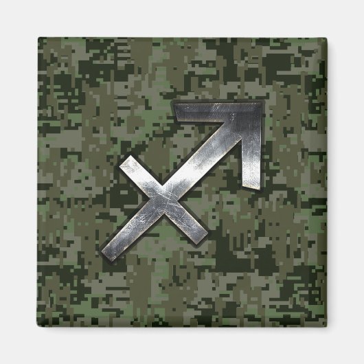 Silver Sagittarius Sign on Woodland Digital Camo Magneet (Voorkant)