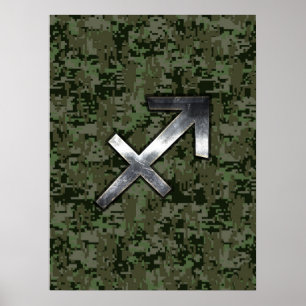 Silver Sagittarius Sign on Woodland Digital Camo Poster