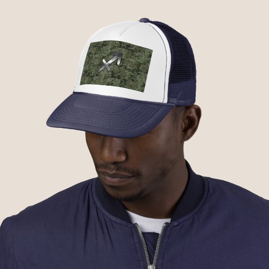 Silver Sagittarius Sign on Woodland Digital Camo Trucker Pet (In situ)