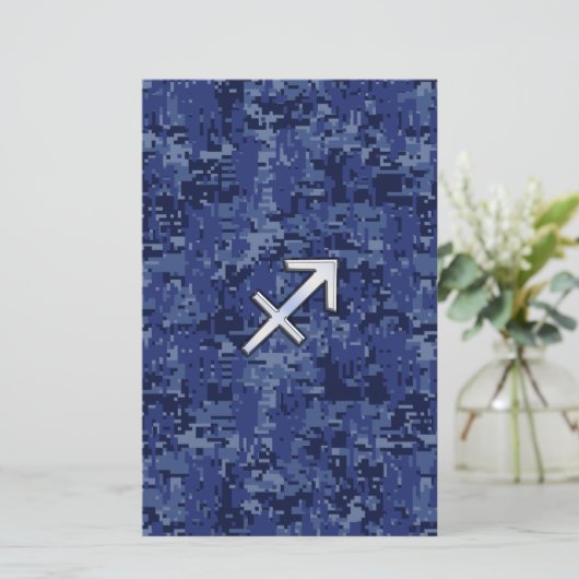 Silver Sagittarius Zodiac Sign Navy Digital Camo Briefpapier (Staand voorkant)