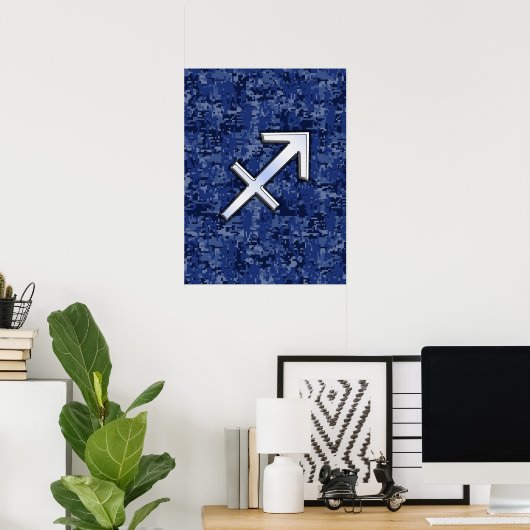 Silver Sagittarius Zodiac Sign Navy Digital Camo Poster (Thuiskantoor)