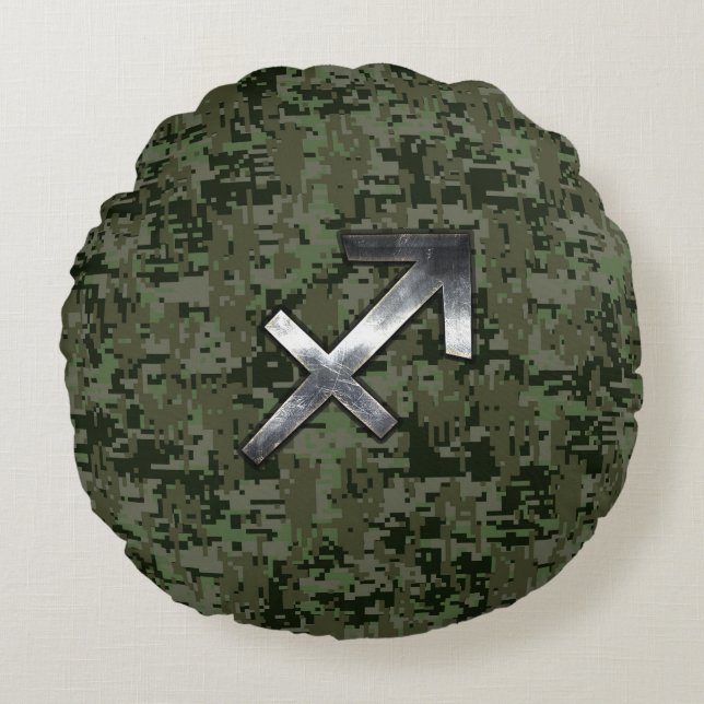 Silver Sagittarius Zodiac Woodland Digital Camo Rond Kussen (Voorkant)