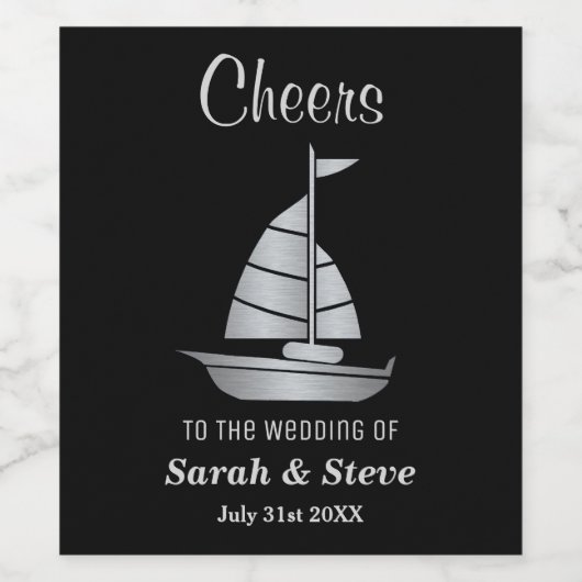 Silver Sailboat Nautical Wedding Wine Labels Wijn Etiket (Enkel label)