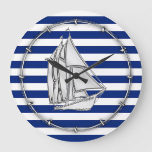 Silver Sailboat on Nautical Blue Stripes Grote Klok