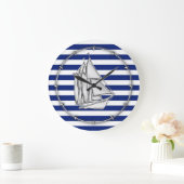Silver Sailboat on Nautical Blue Stripes Grote Klok (Huis)