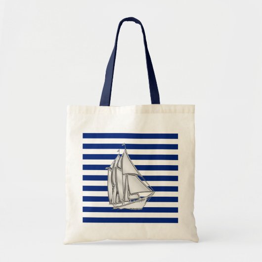 Silver Sailboat on Nautical Blue Stripes Tote Bag (Voorkant)
