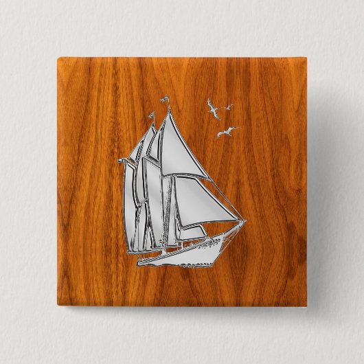 Silver Sailboot op Teak Veneer Styles Vierkante Button 5,1 Cm (Voorkant)