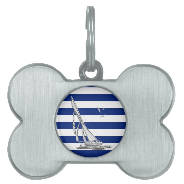 Silver Sailing op Nautical Stripes Huisdieren Naamplaatje (voorkant)