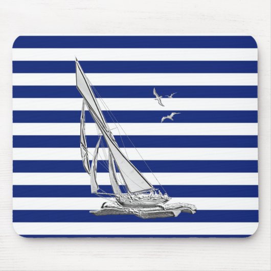 Silver Sailing op Nautical Stripes Muismat (Voorkant)
