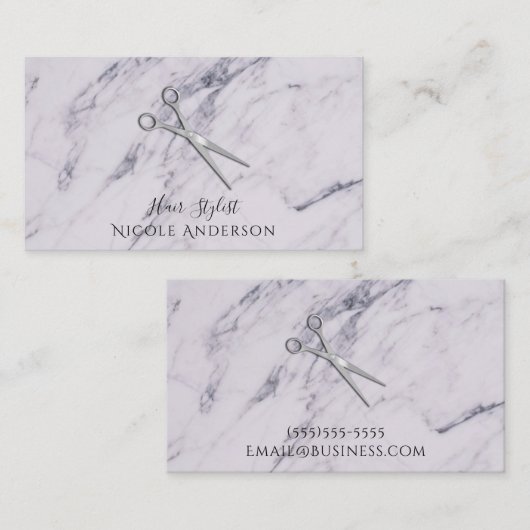 Silver Salon Hair Stylist Scissors Grey Marble Visitekaartje (Voorkant / Achterkant)