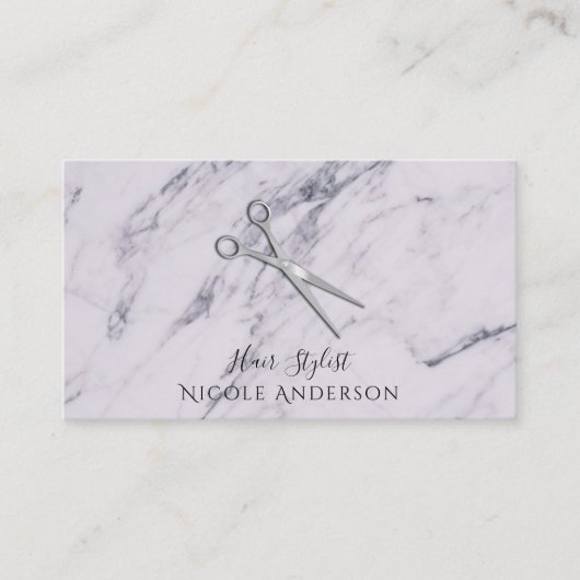 Silver Salon Hair Stylist Scissors Grey Marble Visitekaartje (Voorkant)