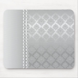 Silver Satin Damask White Pearls Fabric padfolio Muismat