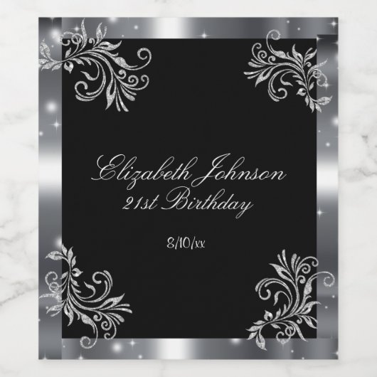 Silver Satin Glitter Scroll 21st Birthday Wijn Etiket (Enkel label)