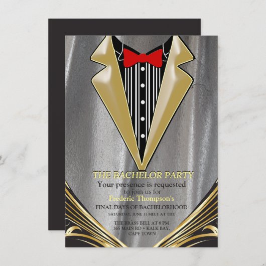 Silver satin & Gold flower Bachelor-uitnodiging (Voorkant / Achterkant)