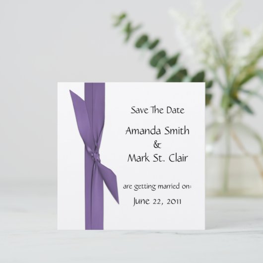 Silver Save the Date met Paars lint (Staand voorkant)