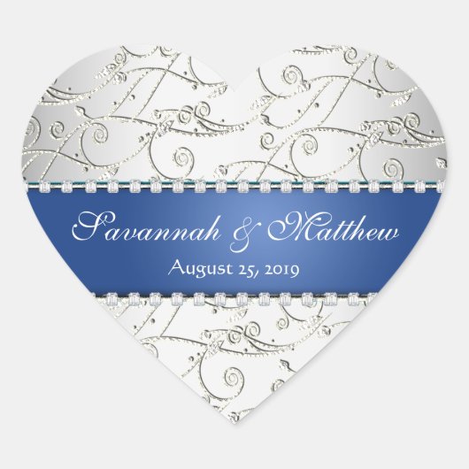 Silver Save the Date Royal Blue Wedding Seal Hart Sticker (Voorkant)