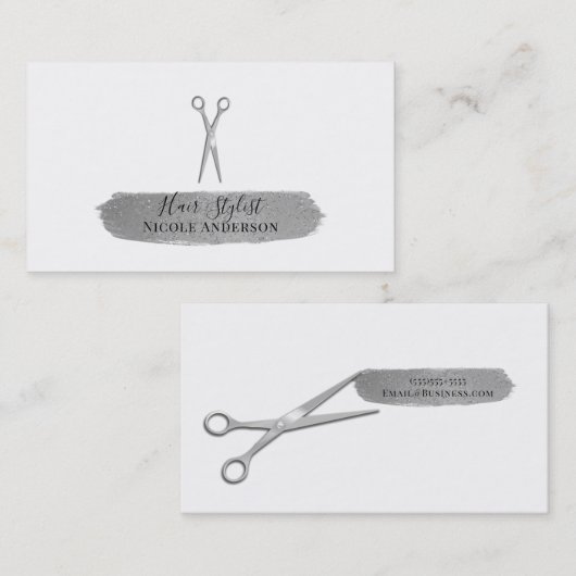 Silver Scissor Glitter Brush Chic Hair Stylist Visitekaartje (Voorkant / Achterkant)
