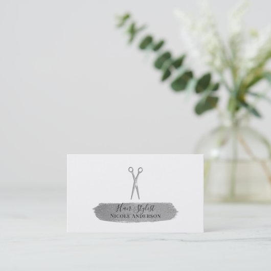 Silver Scissor Glitter Brush Chic Hair Stylist Visitekaartje (Staand voorkant)