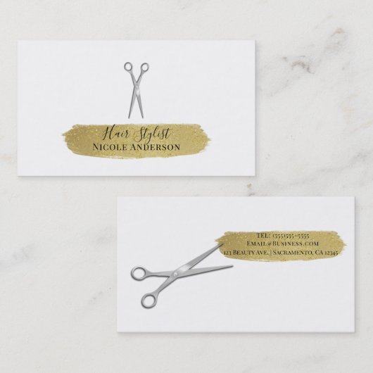 Silver Scissors Gold Glitter Brushair Stylist Visitekaartje (Voorkant / Achterkant)