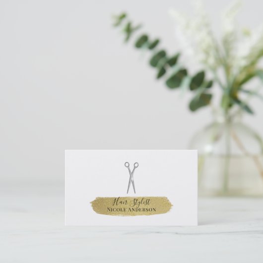 Silver Scissors Gold Glitter Brushair Stylist Visitekaartje (Staand voorkant)