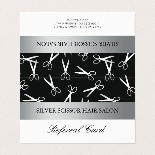 Silver Scissors Hair Salon Referral Kaart Visitekaartje (Buitenkant ongevouwen)