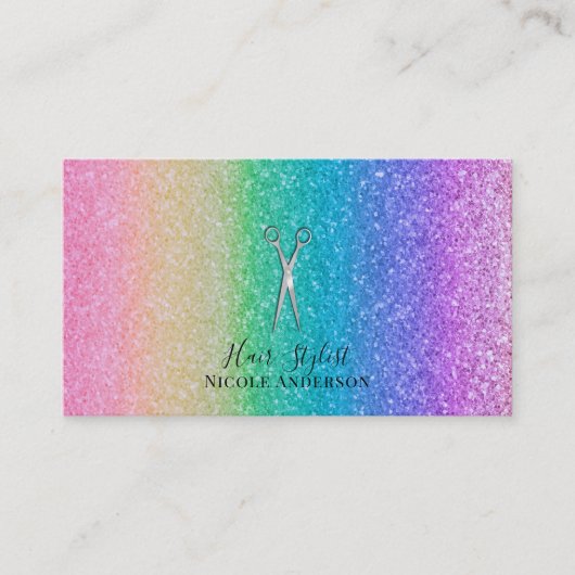 Silver Scissors Rainbow Glitter Hair Stylist Visitekaartje (Voorkant)