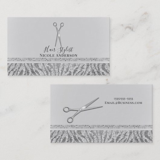 Silver Scissors White Grey Zebra Chic Hair Stylist Visitekaartje (Voorkant / Achterkant)