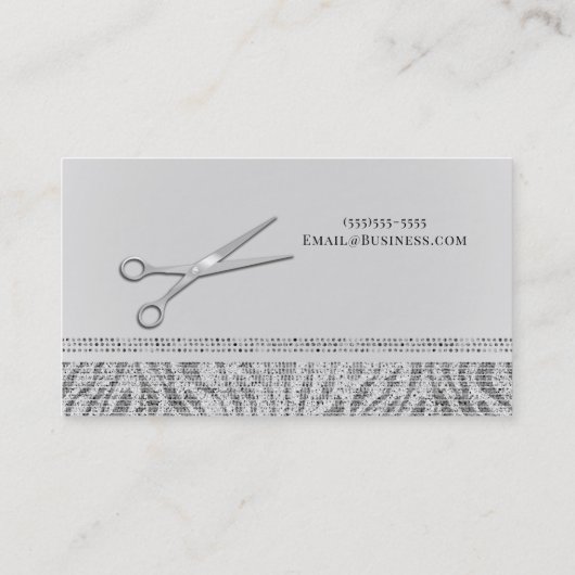 Silver Scissors White Grey Zebra Chic Hair Stylist Visitekaartje (Achterkant)