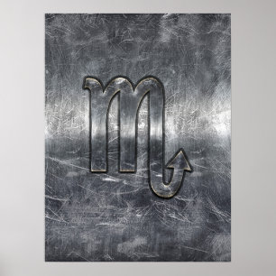 Silver Scorpio Zodiac Sign Distress Metal Style Poster