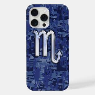 Silver Scorpio Zodiac Sign on Blue Camo iPhone 15 Pro Max Case