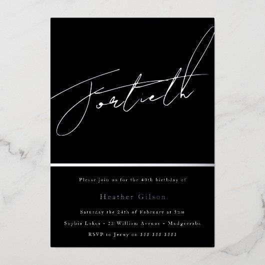 Silver Script 40th Birthday Party Silver Folie Uitnodiging (Voorkant)