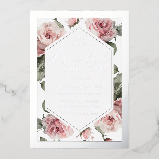 Silver Script Blush Floral Frame Bridal Shower Folie Uitnodiging (Voorkant)