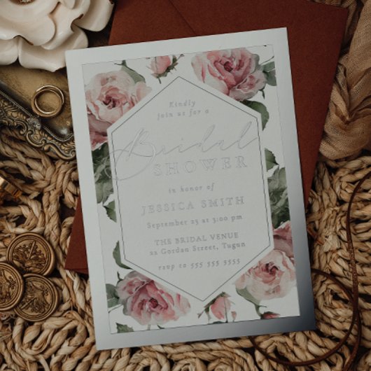 Silver Script Blush Floral Frame Bridal Shower Folie Uitnodiging