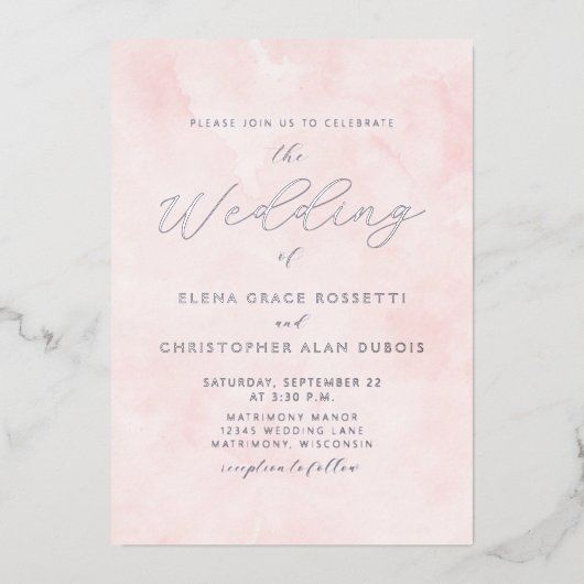 Silver Script Blush Waterverf Wash Wedding Folie Uitnodiging (Voorkant)