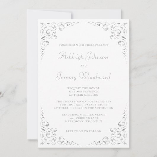 Silver Script Botanische Lijst QR Code Wedding Kaart (Voorkant)
