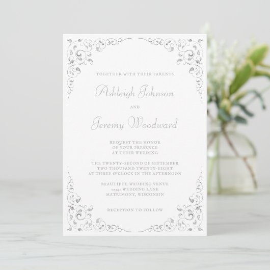 Silver Script Botanische Lijst QR Code Wedding Kaart (Staand voorkant)