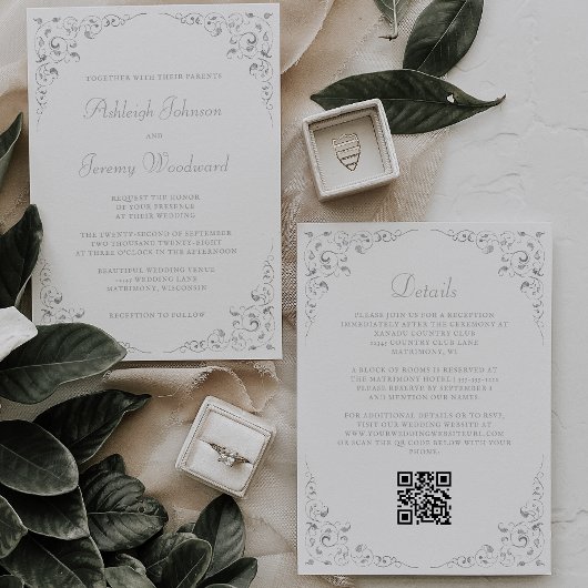 Silver Script Botanische Lijst QR Code Wedding Kaart