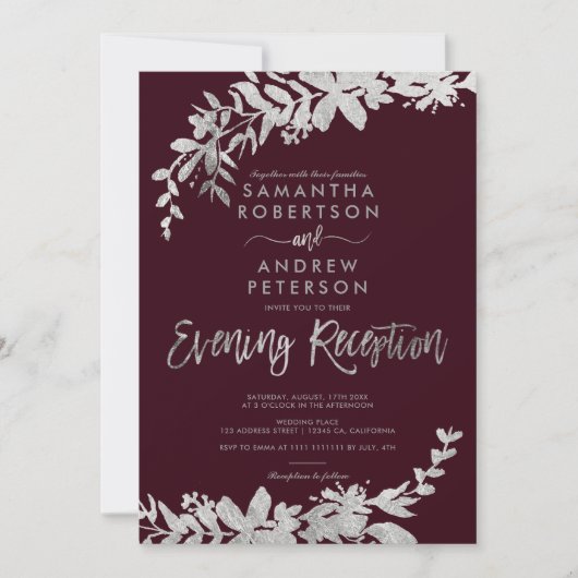 SIlver script floral burgundy-ontvangst Kaart (Voorkant)